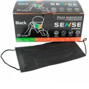 Маска мед. 3-х слойная на резинке №50 SENSE, ЧЕРНЫЙ (картон)